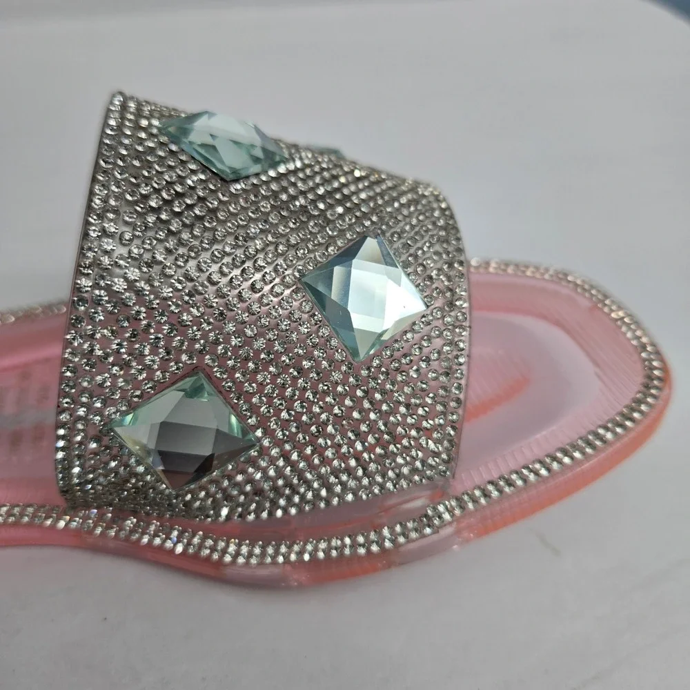 Lauren Lorraine Bianca Rhinestone Crystal Pink Jelly‎ Slide Sandals Size 5.5 NIB